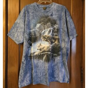 Vintage The Mountain Mens T-Shirt Leather Tag 90s Size XXL Blue Tie Dye Wolves